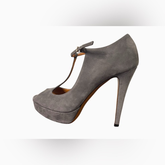 GUCCI T- Strap Platform Grey Suede Peep Toe Pumps - Size IT 37.5 | US 7.5 - Picture 4 of 16